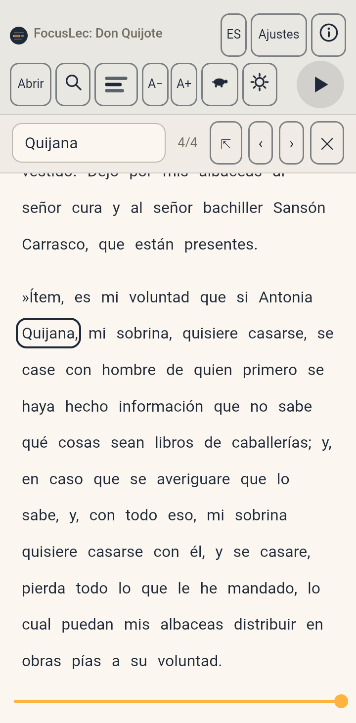 La fila de búsqueda con Quijana escrito y la palabra recuadrada en el texto